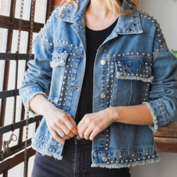 Denim Studded Jacket. Sz S. NWT - Picture 1 of 6